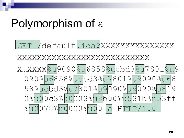 Polymorphism of ε GET /default. ida? XXXXXXXXXXXXXXXXXXXXX X…XXXX%u 9090%u 6858%ucbd 3%u 7801%u 9090%u 68