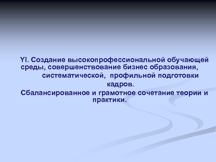 YI. Создание высокопрофессиональной обучающей среды, совершенствование бизнес образования, систематической, профильной подготовки кадров. Сбалансированное и