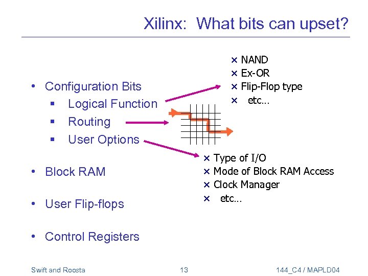 Xilinx: What bits can upset? × × • Configuration Bits § Logical Function §