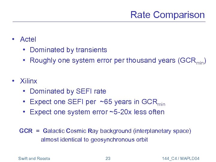 Rate Comparison • Actel • Dominated by transients • Roughly one system error per