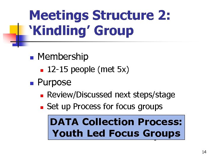 Meetings Structure 2: ‘Kindling’ Group n Membership n n 12 -15 people (met 5