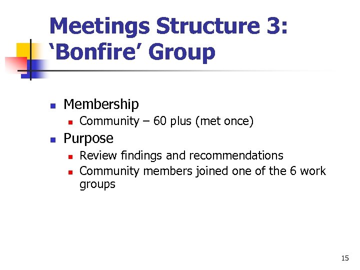 Meetings Structure 3: ‘Bonfire’ Group n Membership n n Community – 60 plus (met