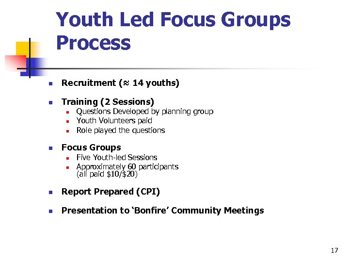 Youth Led Focus Groups Process n Recruitment (≈ 14 youths) n Training (2 Sessions)