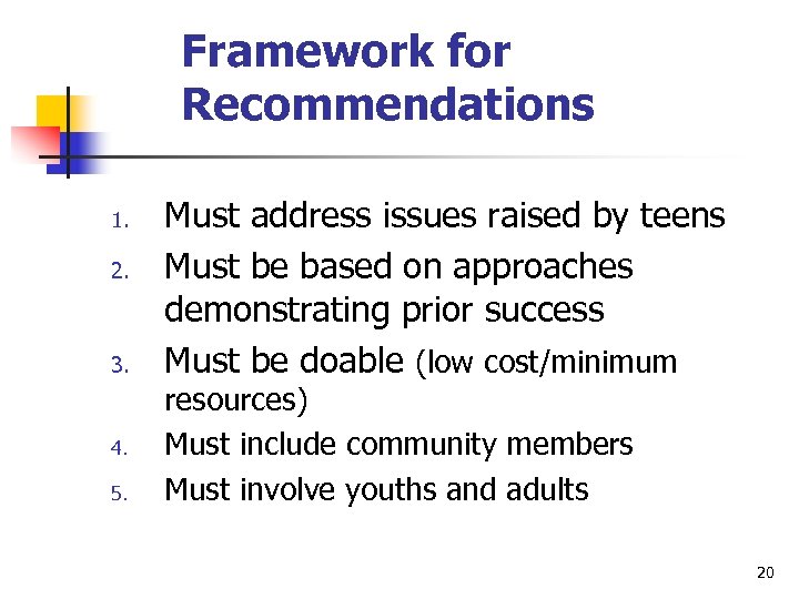 Framework for Recommendations 1. 2. 3. 4. 5. Must address issues raised by teens