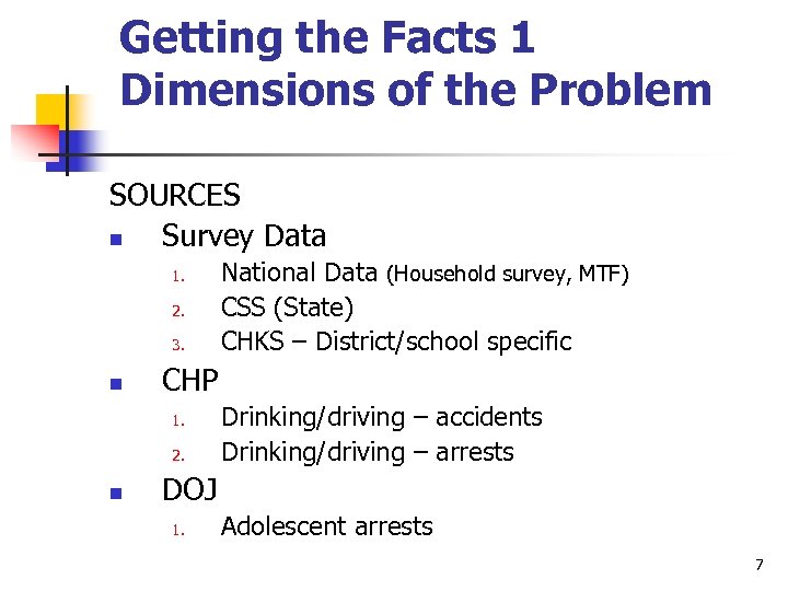 Getting the Facts 1 Dimensions of the Problem SOURCES n Survey Data 1. 2.
