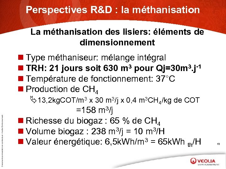 Perspectives R&D : la méthanisation Document commercial non contractuel –Veolia Environnement La méthanisation des