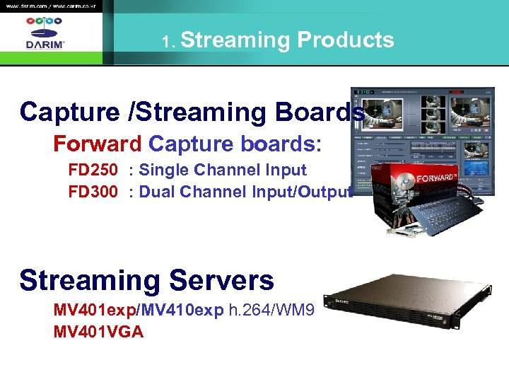 1. Streaming Products Capture /Streaming Boards Forward Capture boards: FD 250 : Single Channel