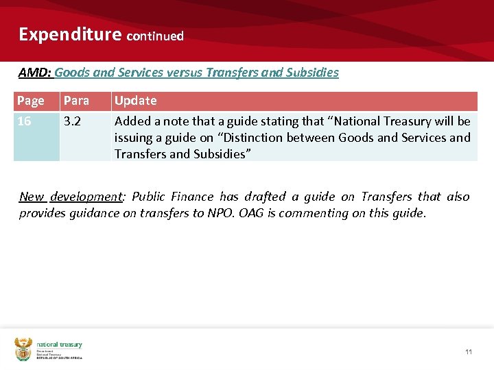 Expenditure continued AMD: Goods and Services versus Transfers and Subsidies Page 16 Para 3.