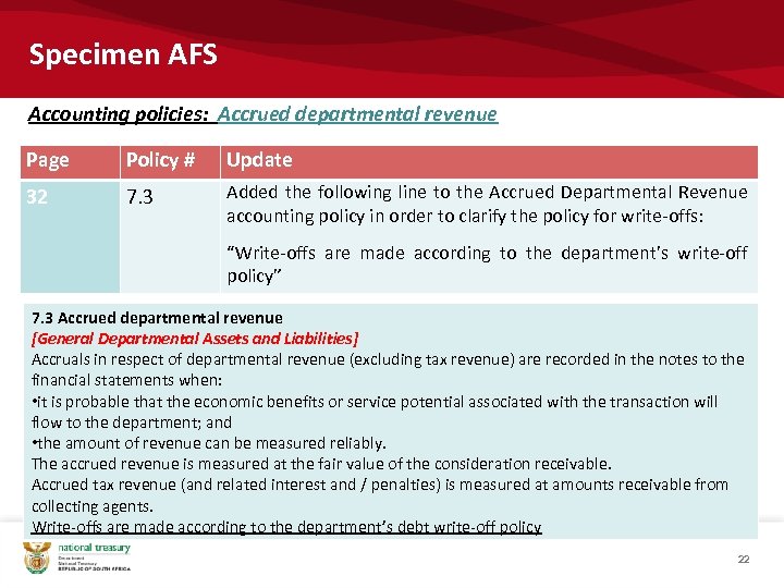 Specimen AFS Accounting policies: Accrued departmental revenue Page Policy # Update 32 7. 3