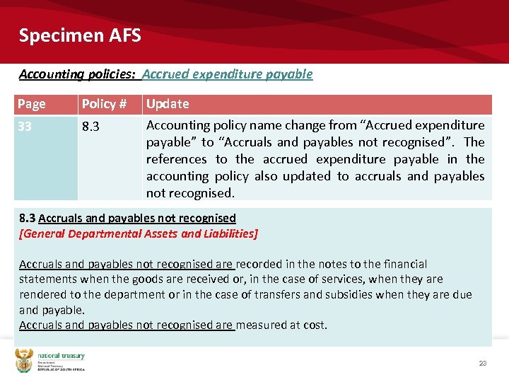 Specimen AFS Accounting policies: Accrued expenditure payable Page Policy # 33 8. 3 Update