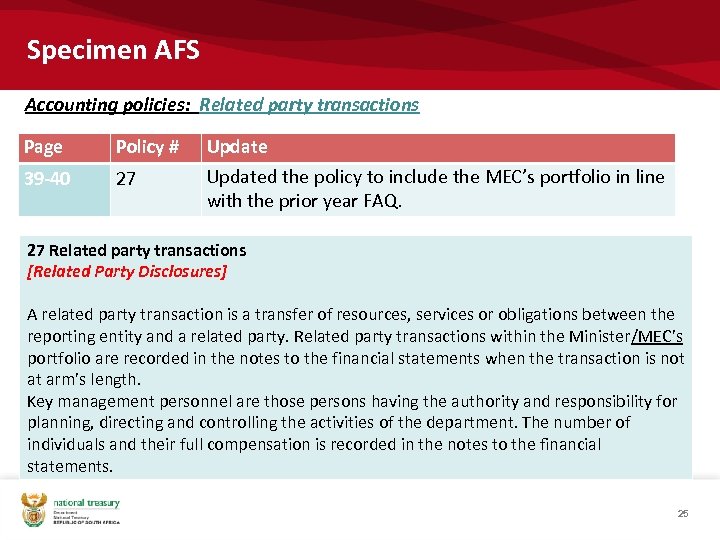 Specimen AFS Accounting policies: Related party transactions Page Policy # 39 -40 27 Updated