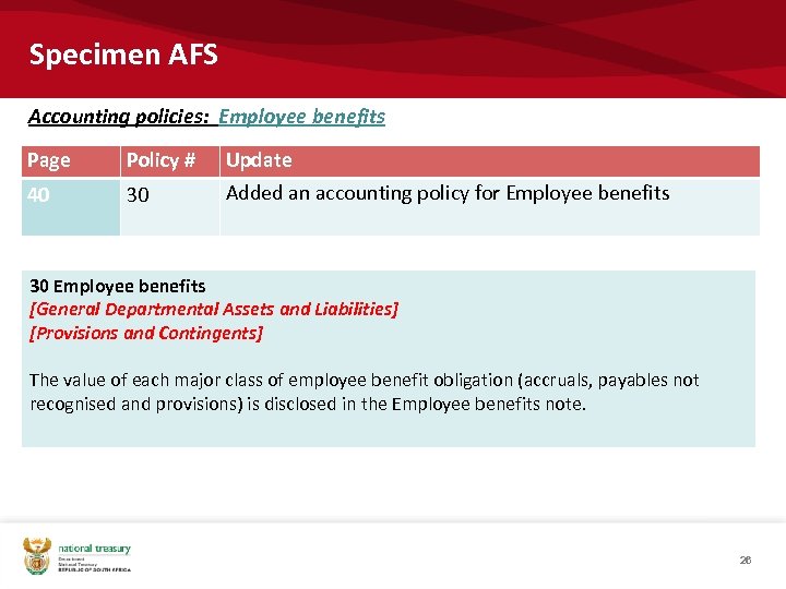 Specimen AFS Accounting policies: Employee benefits Page Policy # 40 30 Update Added an