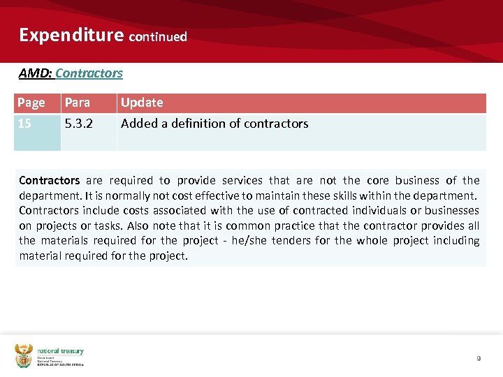 Expenditure continued AMD: Contractors Page 15 Para 5. 3. 2 Update Added a definition