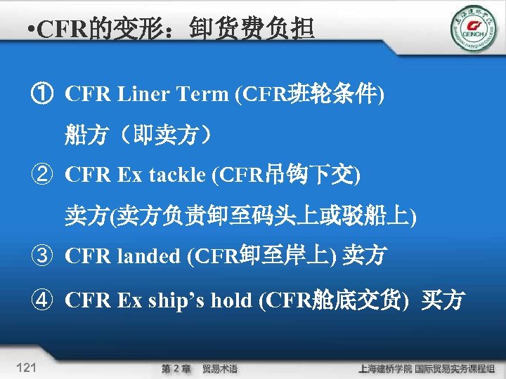  • CFR的变形：卸货费负担 ① CFR Liner Term (CFR班轮条件) 船方（即卖方） ② CFR Ex tackle (CFR吊钩下交)
