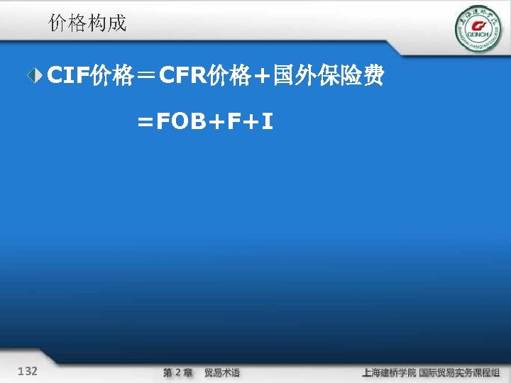 价格构成 CIF价格＝CFR价格+国外保险费 =FOB+F+I 132 
