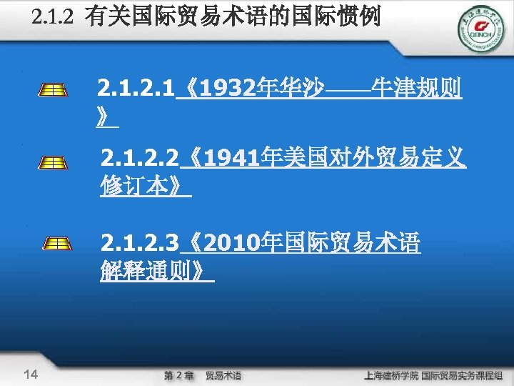 2. 1. 2 有关国际贸易术语的国际惯例 2. 1《1932年华沙——牛津规则 》 2. 1. 2. 2《1941年美国对外贸易定义 修订本》 2. 1.