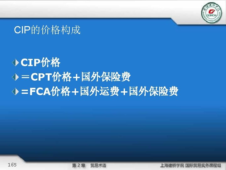 CIP的价格构成 CIP价格 ＝CPT价格+国外保险费 =FCA价格+国外运费+国外保险费 165 