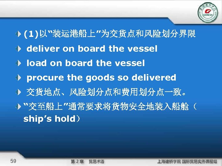 (1)以“装运港船上”为交货点和风险划分界限 deliver on board the vessel load on board the vessel procure the goods