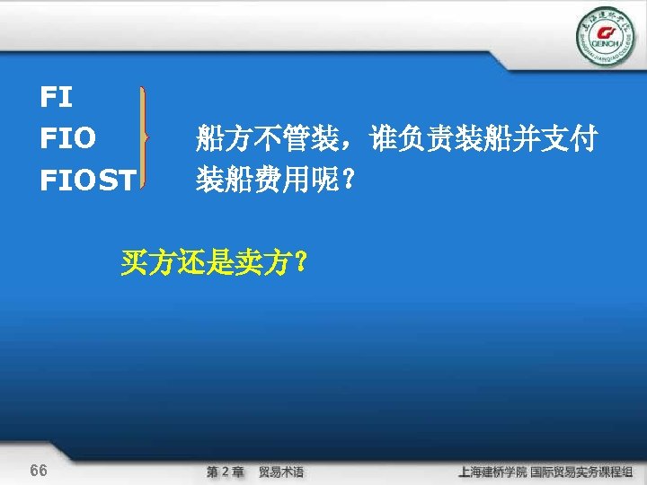 FI FIOST 船方不管装，谁负责装船并支付 装船费用呢？ 买方还是卖方？ 66 