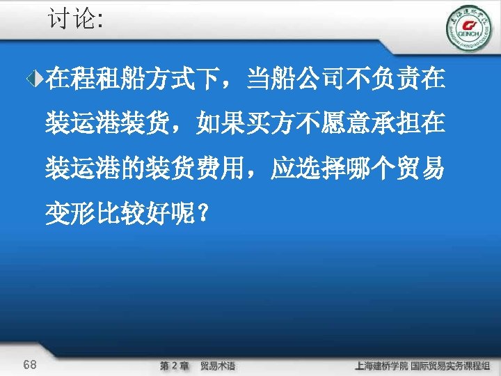 讨论: 在程租船方式下，当船公司不负责在 装运港装货，如果买方不愿意承担在 装运港的装货费用，应选择哪个贸易 变形比较好呢？ 68 