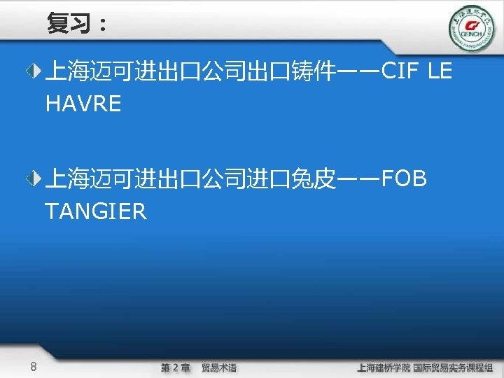 复习： 上海迈可进出口公司出口铸件——CIF LE HAVRE 上海迈可进出口公司进口兔皮——FOB TANGIER 8 