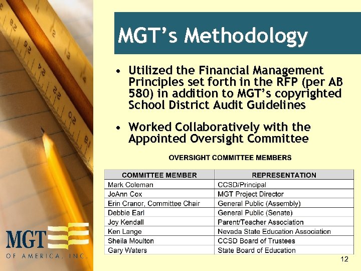 MGT’s Methodology • Utilized the Financial Management Principles set forth in the RFP (per
