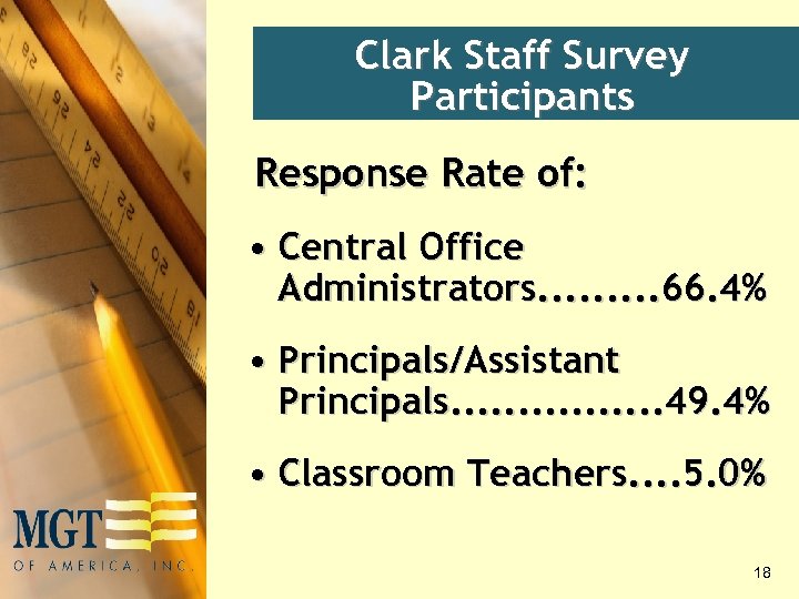 Clark Staff Survey Participants Response Rate of: • Central Office Administrators. . 66. 4%