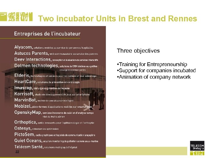 Two incubator Units in Brest and Rennes Three objectives • Training for Entrepreneurship •