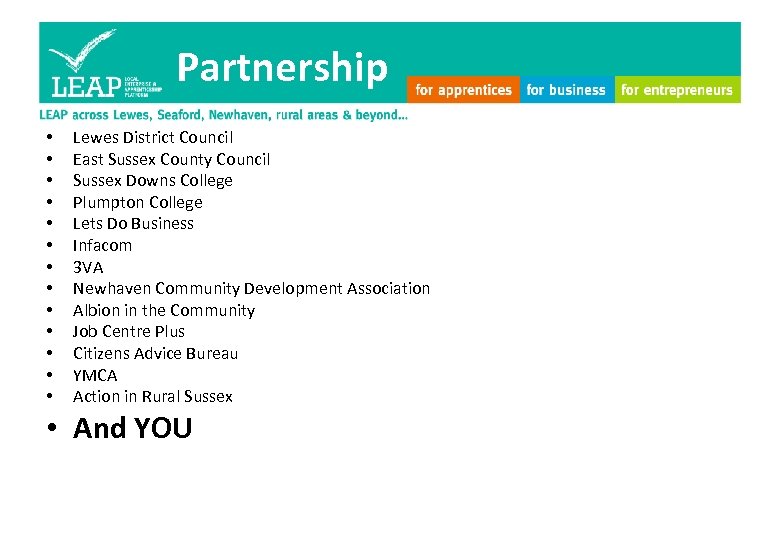 Partnership • • • • Lewes District Council East Sussex County Council Sussex Downs