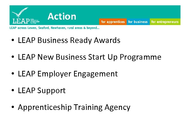 Action • LEAP Business Ready Awards • LEAP New Business Start Up Programme •
