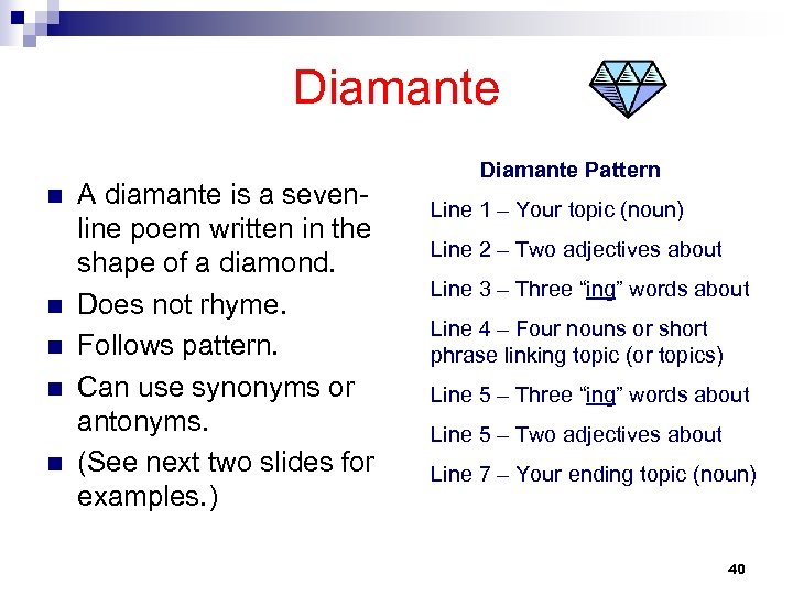 Diamante n n n A diamante is a sevenline poem written in the shape