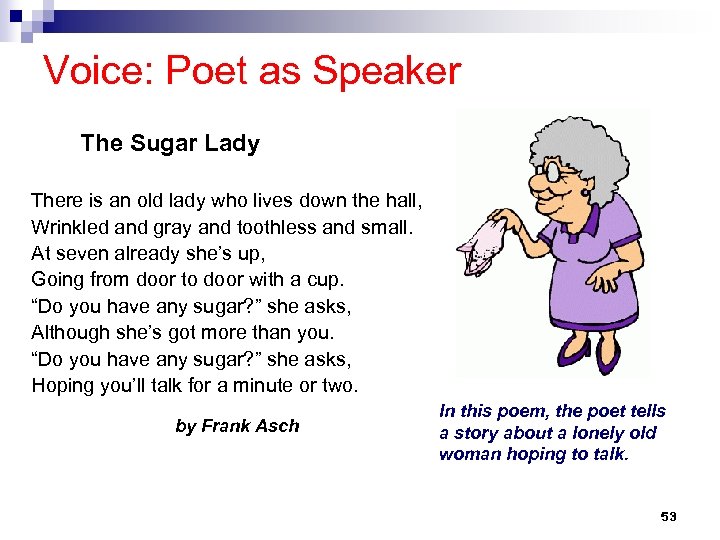 Voice: Poet as Speaker The Sugar Lady There is an old lady who lives