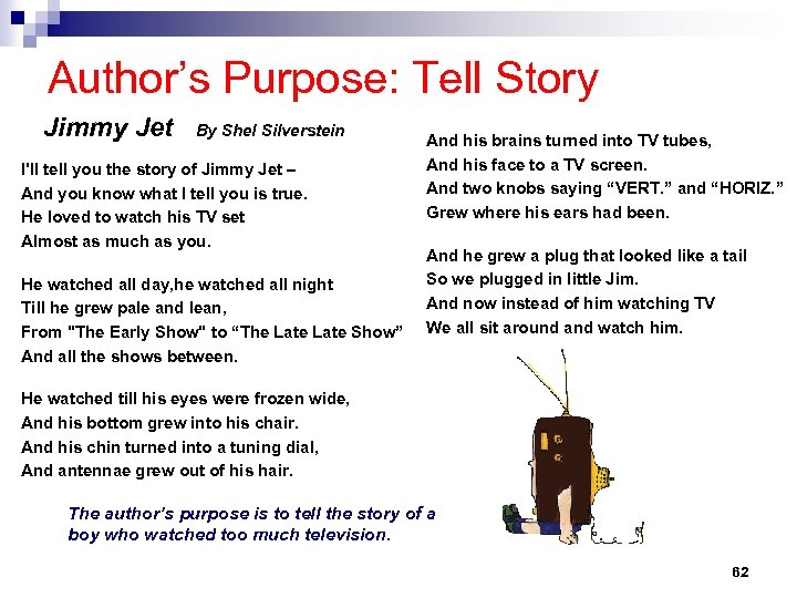 Author’s Purpose: Tell Story Jimmy Jet By Shel Silverstein I'll tell you the story