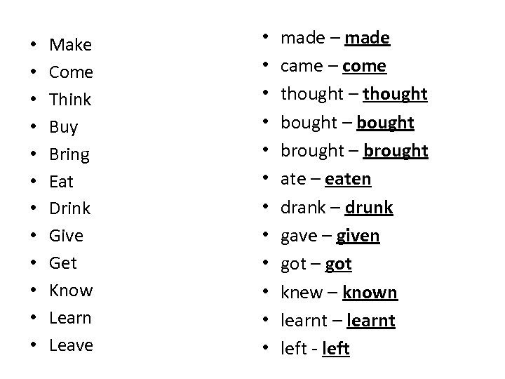  • • • Make Come Think Buy Bring Eat Drink Give Get Know