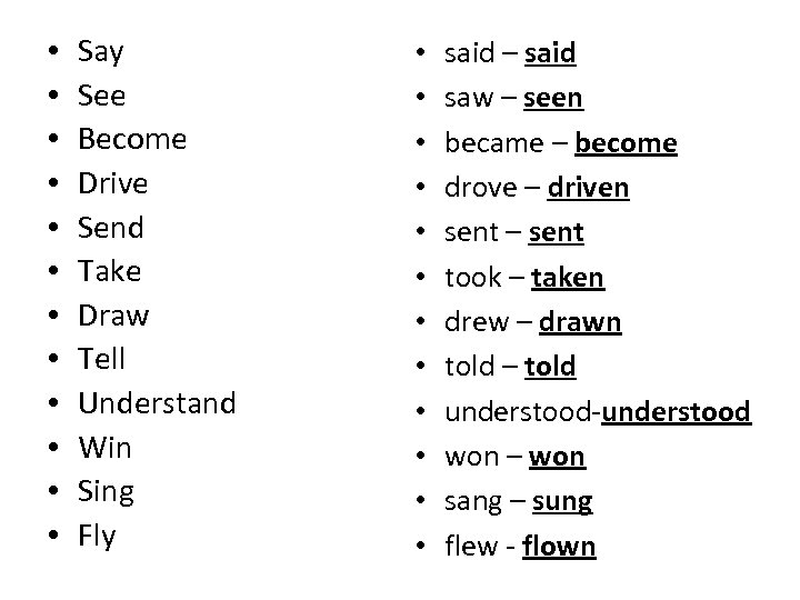  • • • Say See Become Drive Send Take Draw Tell Understand Win