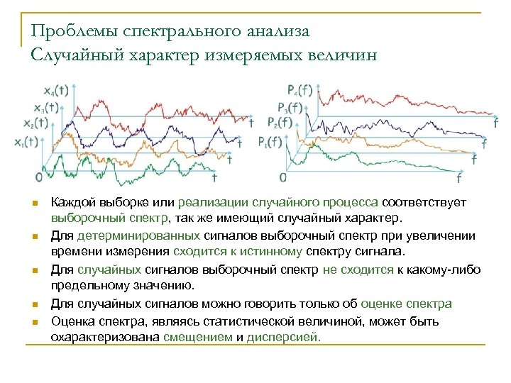 Проблемы спектрального анализа Случайный характер измеряемых величин n n n Каждой выборке или реализации