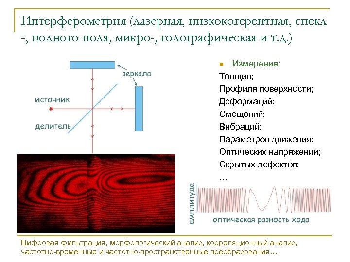 Интерферометрия (лазерная, низкокогерентная, спекл -, полного поля, микро-, голографическая и т. д. ) Измерения: