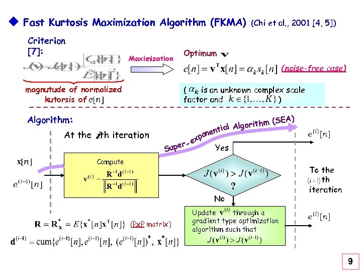 u Fast Kurtosis Maximization Algorithm (FKMA) Criterion [7]: Maximization magnutude of normalized kutorsis of