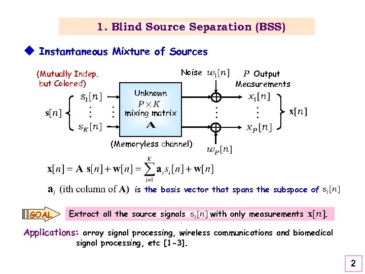 1. Blind Source Separation (BSS) u Instantaneous Mixture of Sources (Mutually Indep. but Colored)