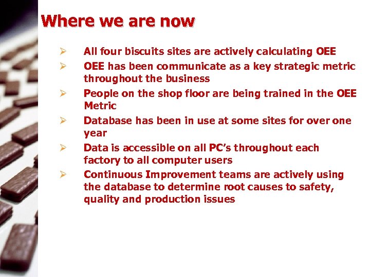  Where we are now Ø Ø Ø All four biscuits sites are actively