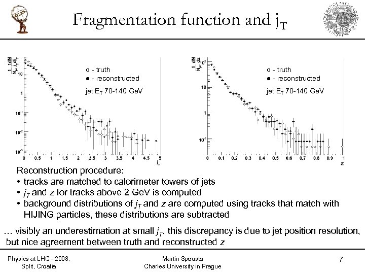 Fragmentation function and j. T ○ - truth ● - reconstructed jet ET 70