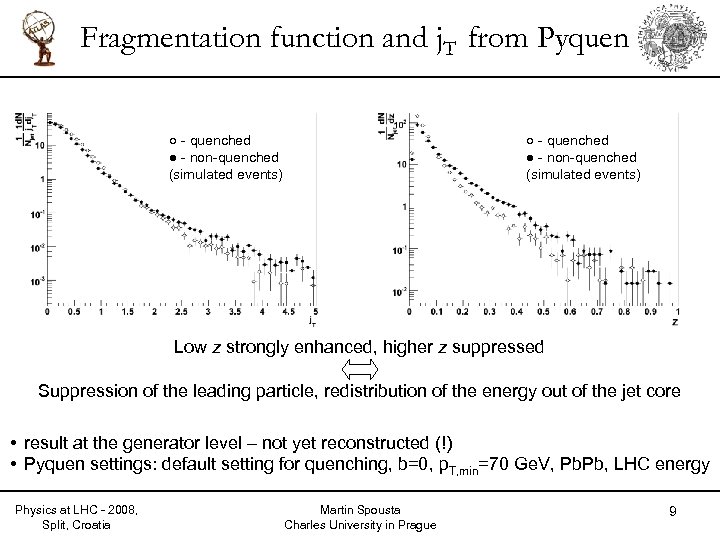 Fragmentation function and j. T from Pyquen ○ - quenched ● - non-quenched (simulated
