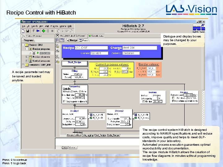 Recipe Control with Hi. Batch Dialogue and display boxes may be changed to your