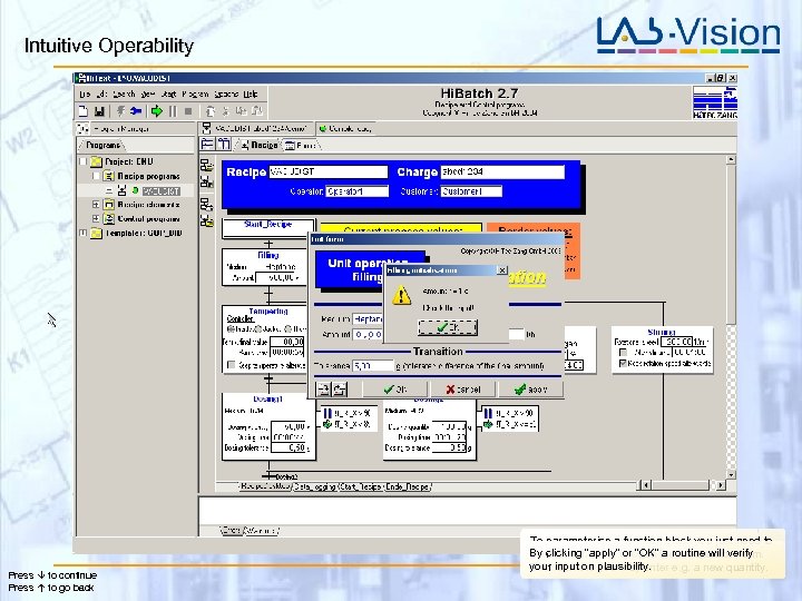 Intuitive Operability 0, 00 Press to continue Press to go back To parameterise a