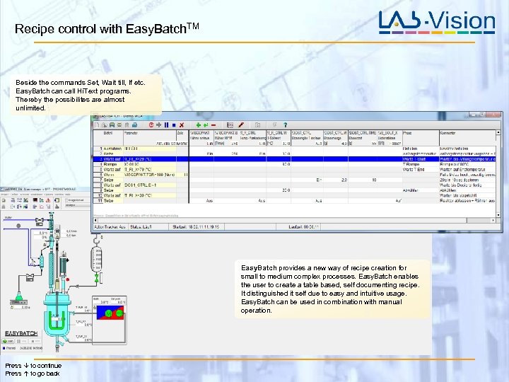 Recipe control with Easy. Batch. TM Beside the commands Set, Wait till, If etc.