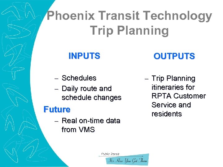 Phoenix Transit Technology Trip Planning INPUTS – Schedules – Daily route and schedule changes