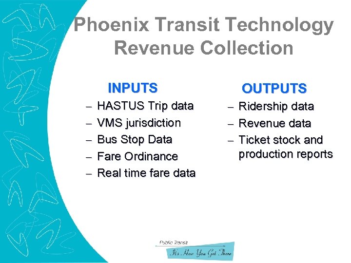 Phoenix Transit Technology Revenue Collection INPUTS – – – HASTUS Trip data VMS jurisdiction