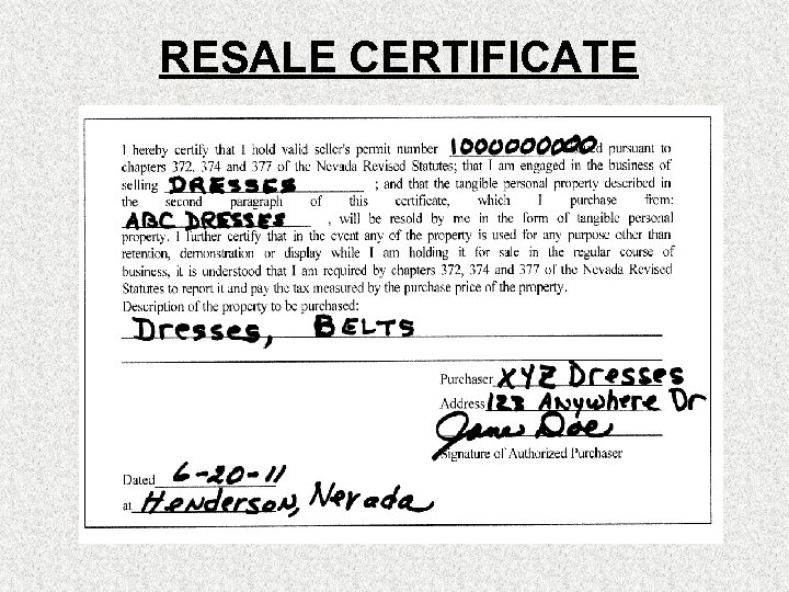 RESALE CERTIFICATE 