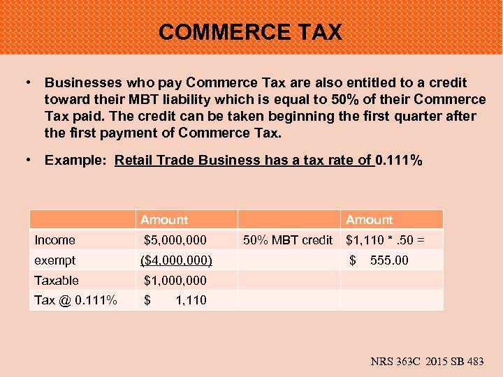 COMMERCE TAX • Businesses who pay Commerce Tax are also entitled to a credit
